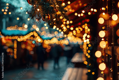 A magical Christmas market, twinkling lights creating a warm, festive glow.