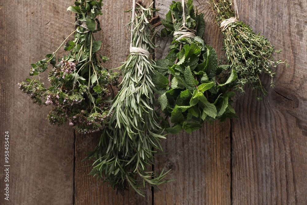 Bunches of different aromatic herbs hanging on rope near wooden wall Bunches of different aromatic herbs hanging on rope near wooden wall