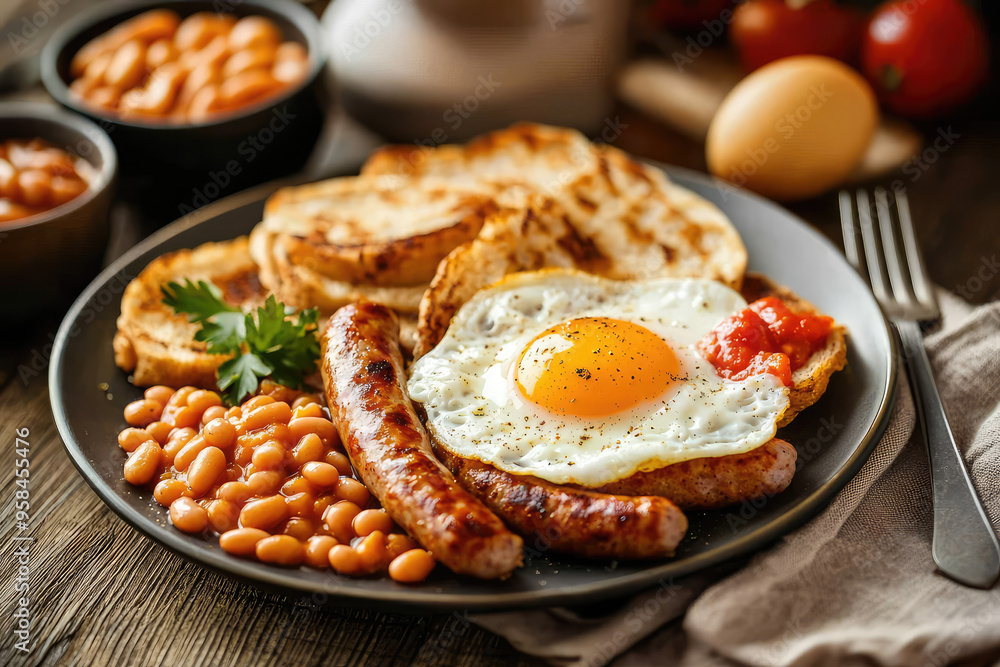 A Hearty Full English Breakfast: Savory Sausages, Fried Egg, Toast, Beans, and a Side of Tomato Sauce - Ready to Fuel Your Day! A Hearty Full English Breakfast: Savory Sausages, Fried Egg, Toast, Beans, and a Side of Tomato Sauce - Ready to Fuel Your Day!