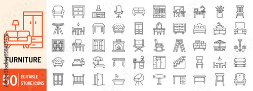 Furniture editable stroke outline web icons set. Furniture, dining table, bed, couch, tv table, office chair, dressing table, book self, window and door. Vector illustration