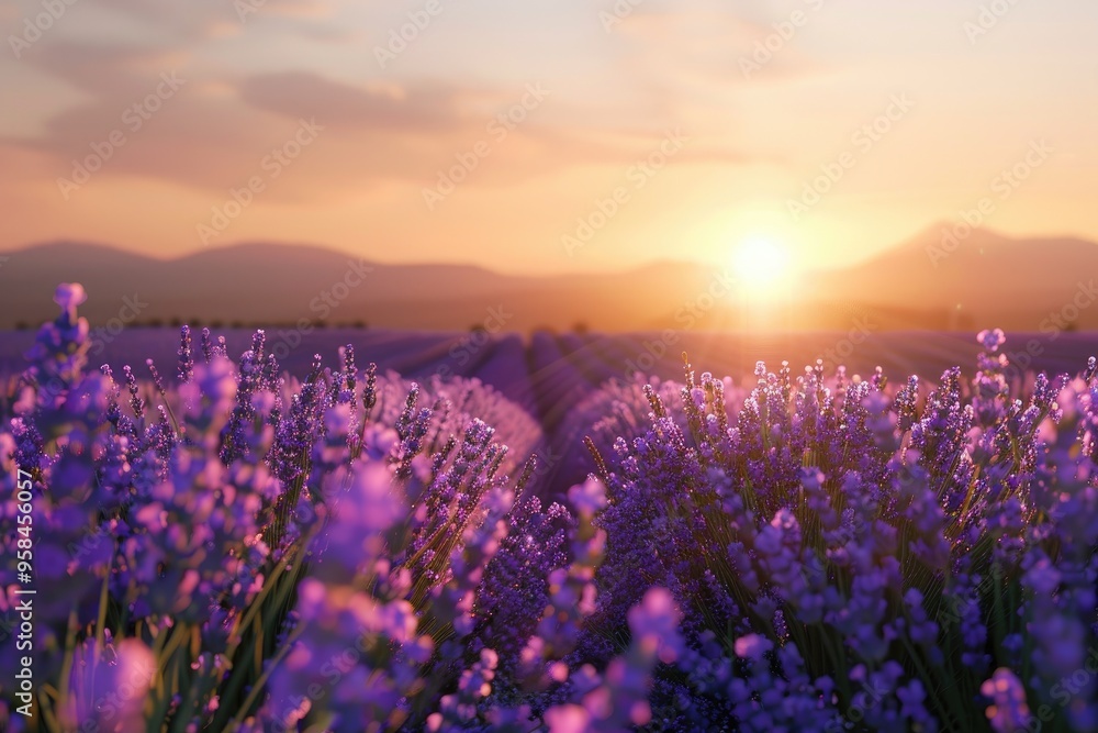 Fototapeta premium Lavender field at sunset in Provence vacation destination.