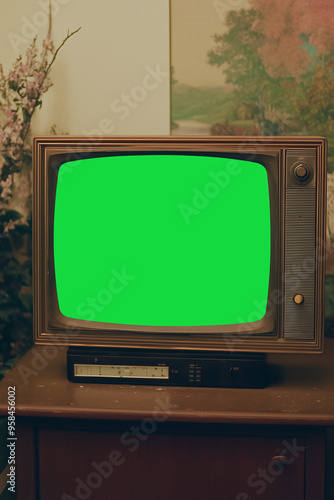 Retro TV with green screen in a vintage setting for creative media use.