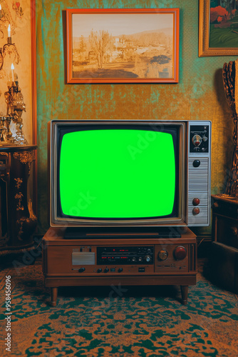 Retro setting with a vintage television on a wooden stand, ideal for nostalgic themes.