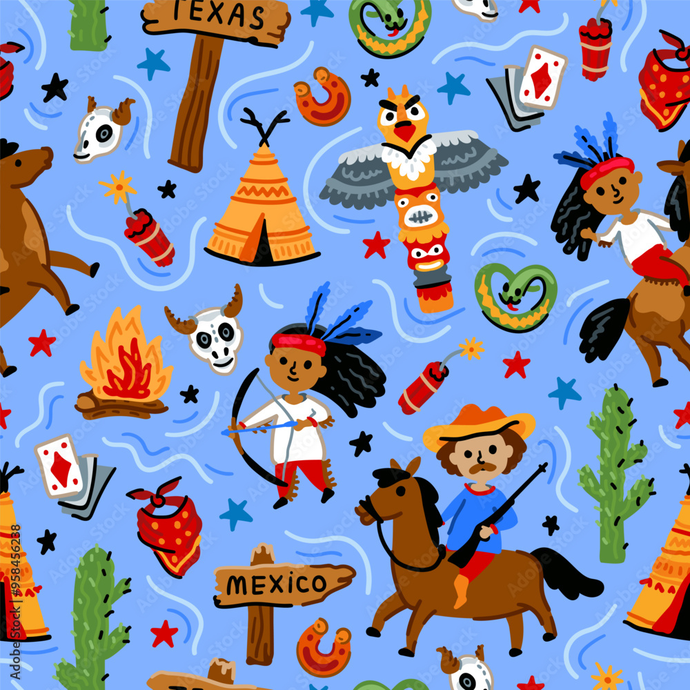 Bright cheerful children seamless vector pattern with American native indians and western cowboy from wild west rural Landscape. Childish background. Cheerful characters with animals and plants. Bright cheerful children seamless vector pattern with American native indians and western cowboy from wild west rural Landscape. Childish background. Cheerful characters with animals and plants.