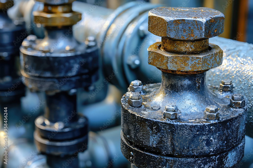 A Close-Up of Weathered Industrial Pipes and Valves, Showing the Gritty Detail of a Working Machine. A Close-Up of Weathered Industrial Pipes and Valves, Showing the Gritty Detail of a Working Machine.