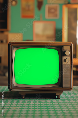 Retro television with green screen in a vintage interior, suitable for media and technology themes.