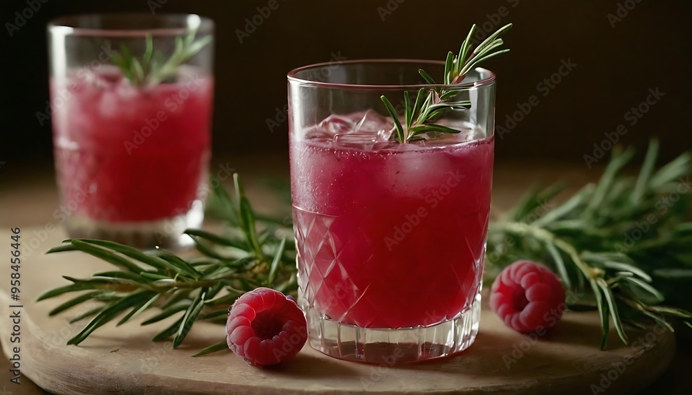 Refreshing drink Raspberry Rosemary Bliss with ice Refreshing drink Raspberry Rosemary Bliss with ice