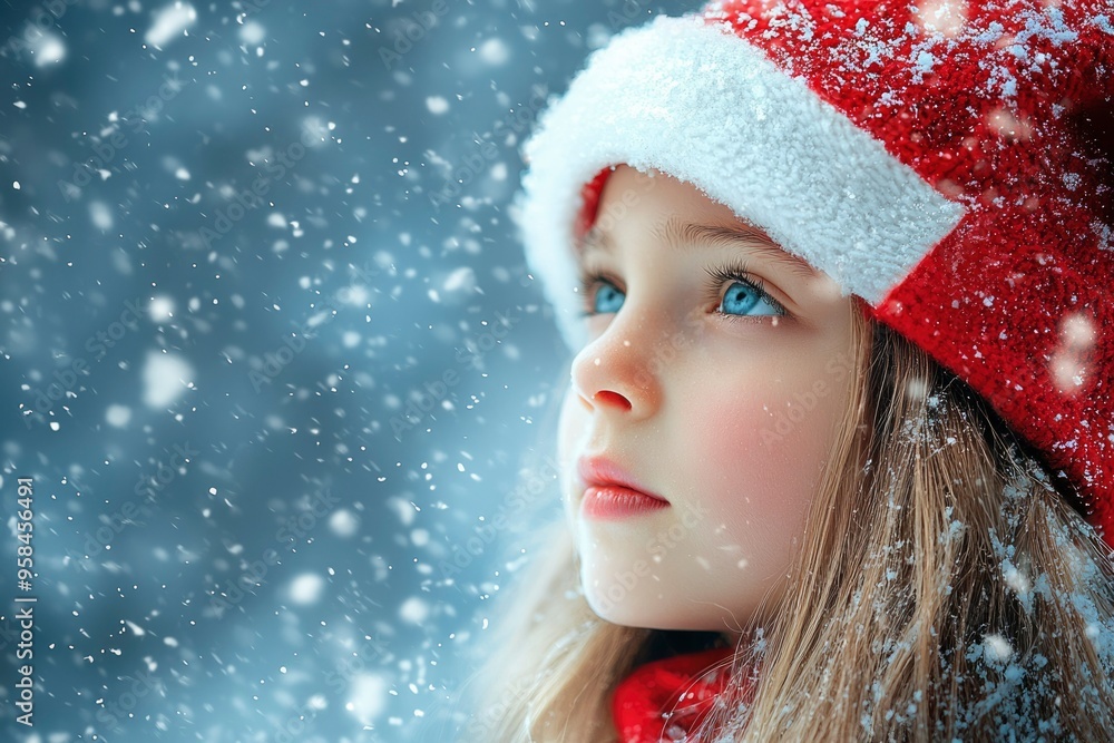 A Young Girl in a Red and White Hat Gazes Up at Falling Snow A Young Girl in a Red and White Hat Gazes Up at Falling Snow