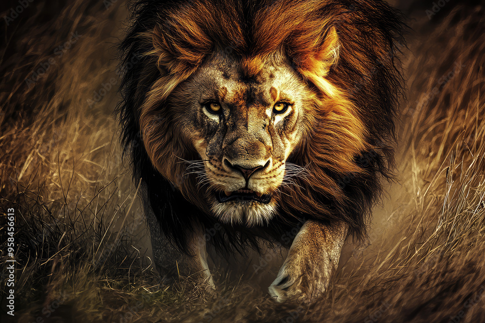 Naklejka premium A Lion's Intense Gaze: The king of the jungle stalks its prey in the savannah, a fierce hunter poised to strike.