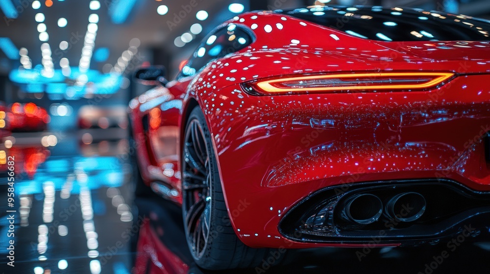 Rear view of a red sports car on display at a car show with blurred lights in the background. Rear view of a red sports car on display at a car show with blurred lights in the background.