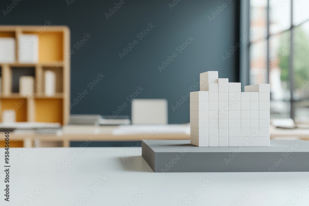 A detailed architectural model placed on a desk, highlighting creativity and design in a modern workspace atmosphere. A detailed architectural model placed on a desk, highlighting creativity and design in a modern workspace atmosphere.