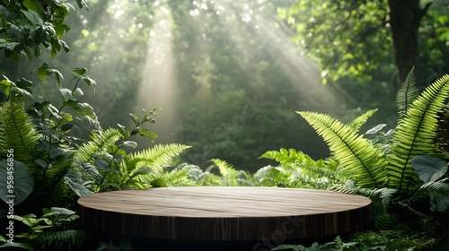 Bright forest scene, wooden platform, circular wooden tray, sunbeams filtering through trees, lush green ferns, soft focus background, dappled light, product display in nature.