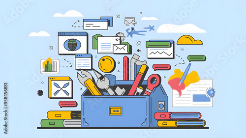 Productivity Tools: A digital toolkit filled with various software icons and apps, symbolizing productivity tools in business.