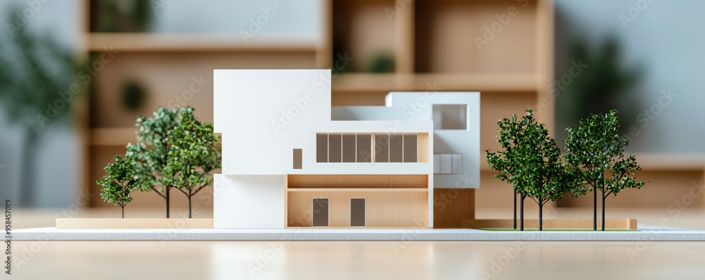 A modern architectural model showcasing a sleek design with greenery, perfect for presentations or design concepts. A modern architectural model showcasing a sleek design with greenery, perfect for presentations or design concepts.