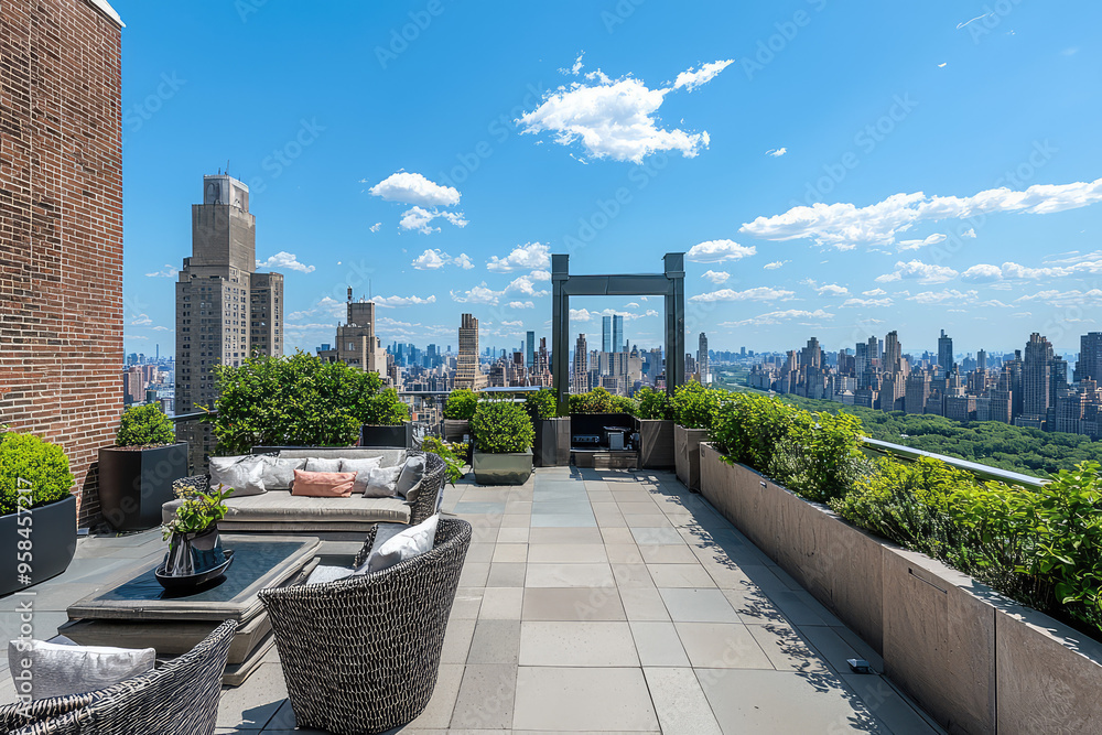 Fototapeta premium Luxurious Rooftop Terrace with Stunning Cityscape and Tranquil Greenery