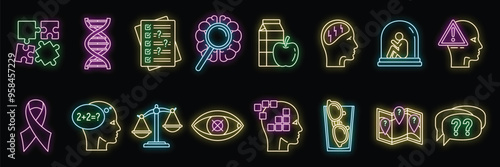 Glowing neon icons representing concepts related to psychology, mental health, and cognitive processes