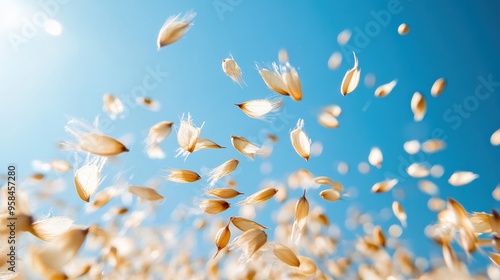 Macro shot of seeds being dispersed by wind, floating gracefully against a clear blue sky, emphasizing the natural spread of plant life photo