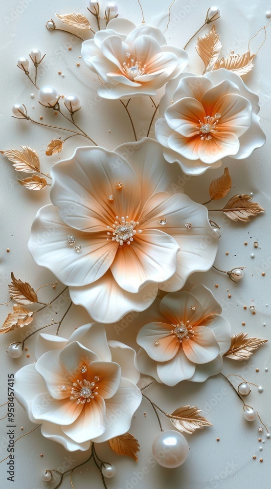 3D wall art design, white flowers with gold leaves, elegant, white background 3D wall art design, white flowers with gold leaves, elegant, white background