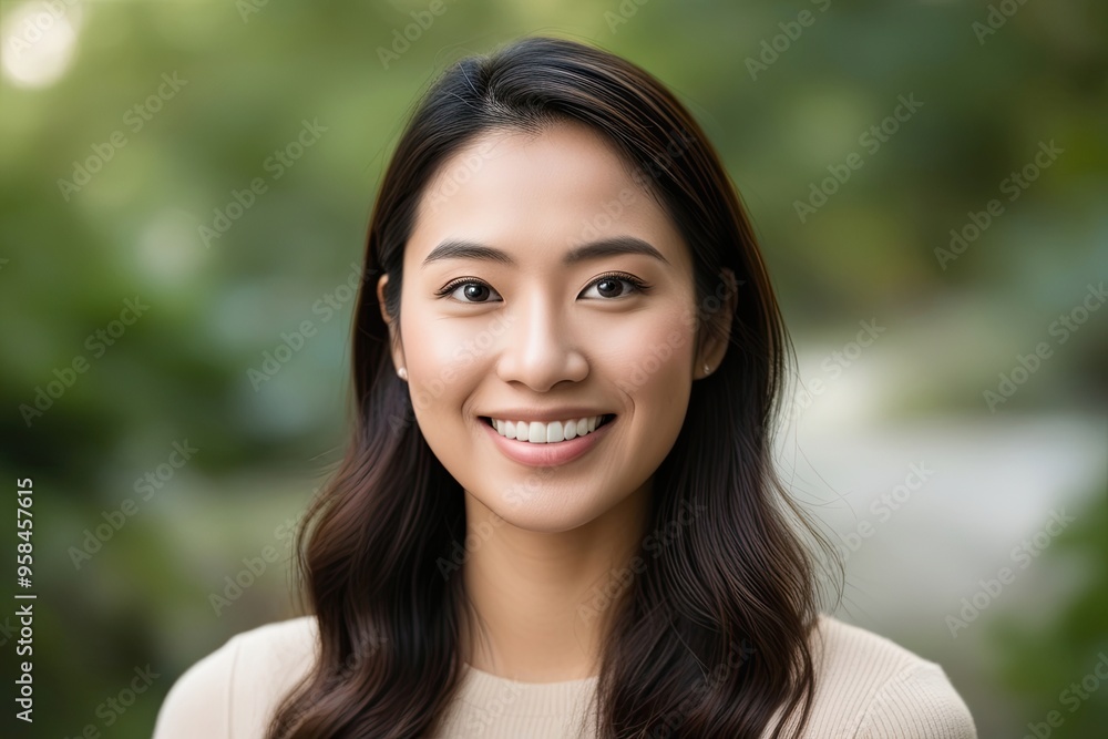Serene Young Lady Smiling Softly in Gentle Portrait Closeup Serene Young Lady Smiling Softly in Gentle Portrait Closeup