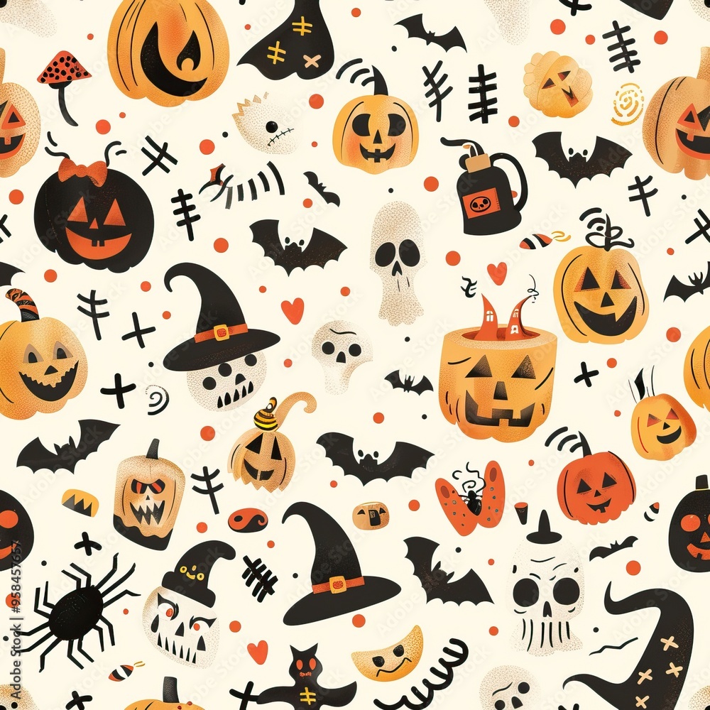 Halloween-themed pattern with pumpkins, ghosts, and spooky elements. AI generated image. Colorful Doodle Background Halloween-themed pattern with pumpkins, ghosts, and spooky elements. AI generated image. Colorful Doodle Background