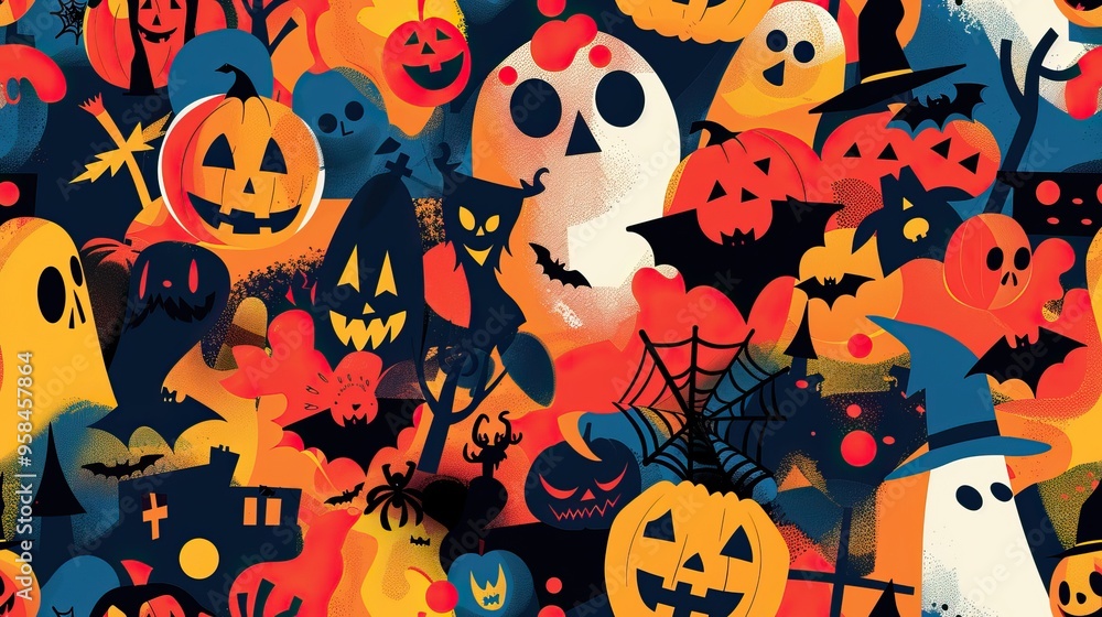 Halloween-themed pattern with pumpkins, ghosts, and spooky elements. AI generated image. Colorful Doodle Background Halloween-themed pattern with pumpkins, ghosts, and spooky elements. AI generated image. Colorful Doodle Background