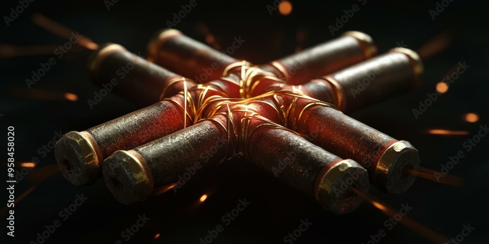 Obraz premium Metallic cross shape with gold wires.