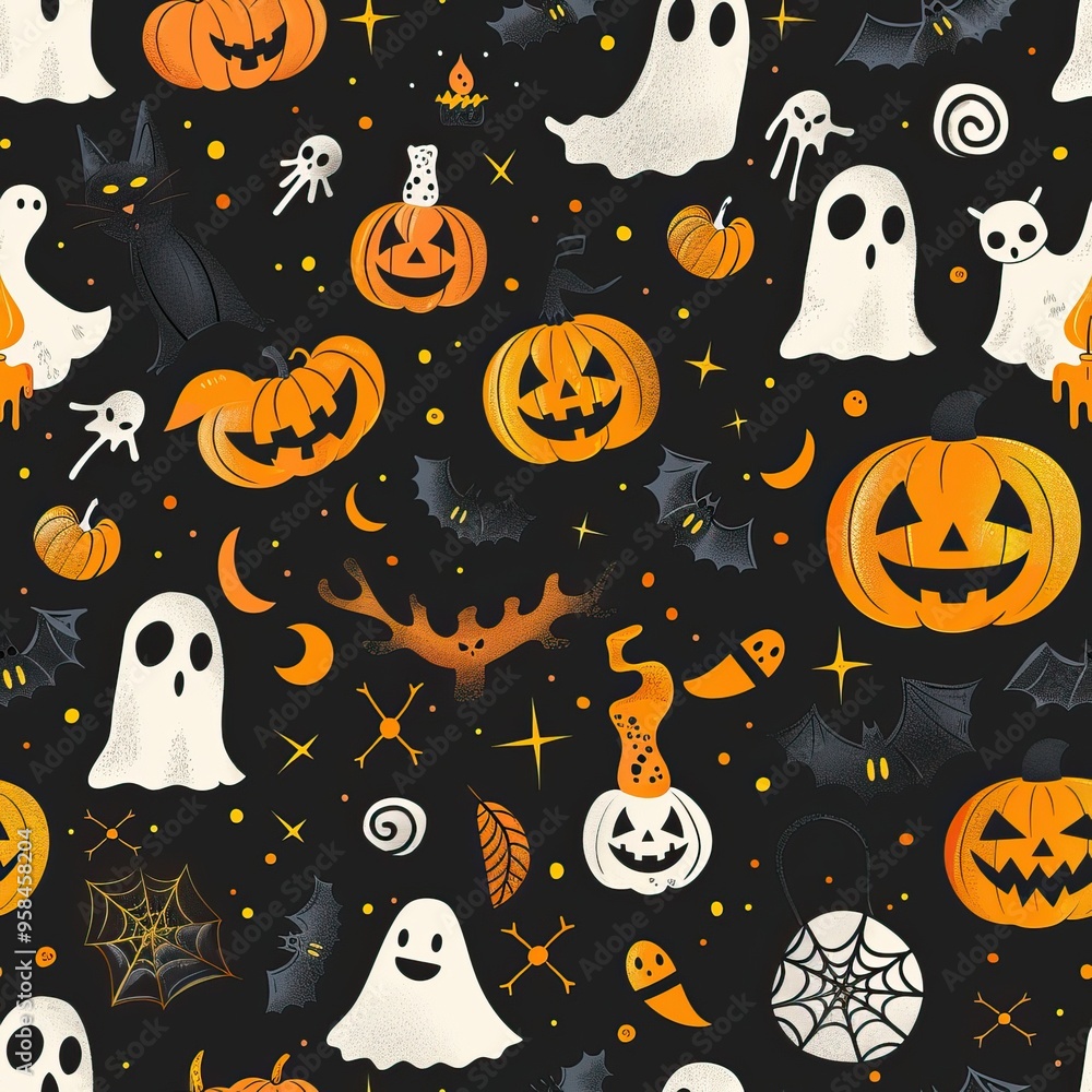 Halloween-themed pattern with pumpkins, ghosts, and spooky elements. AI generated image. Colorful Doodle Background Halloween-themed pattern with pumpkins, ghosts, and spooky elements. AI generated image. Colorful Doodle Background