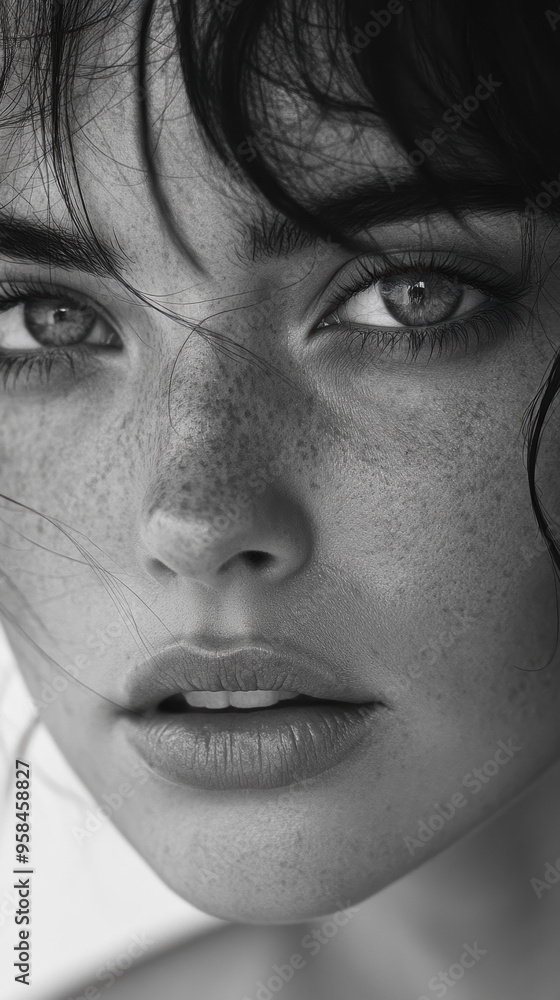Naklejka premium Jeune femme brune avec un regard captivant et une lumière douce