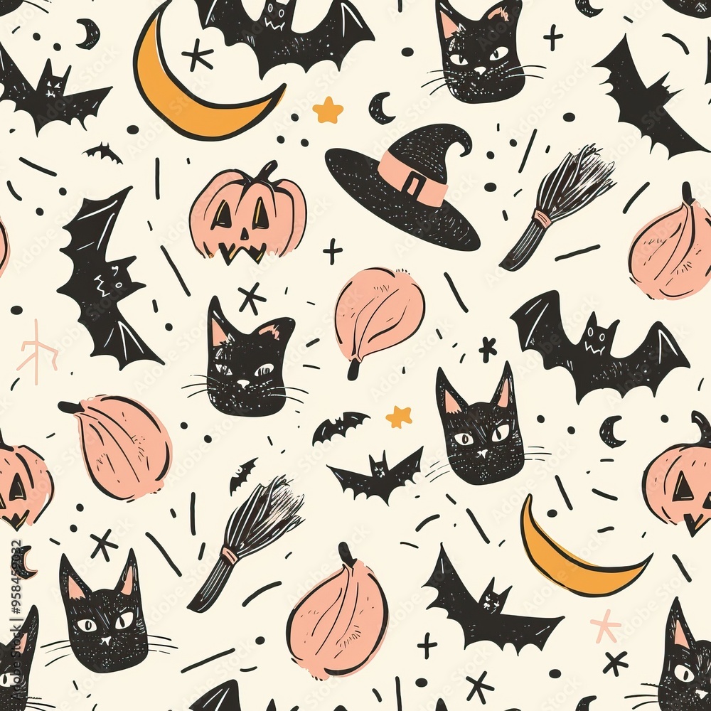 A Halloween-themed pattern with bats, cats, and spooky objects. AI generated image doodle background A Halloween-themed pattern with bats, cats, and spooky objects. AI generated image doodle background