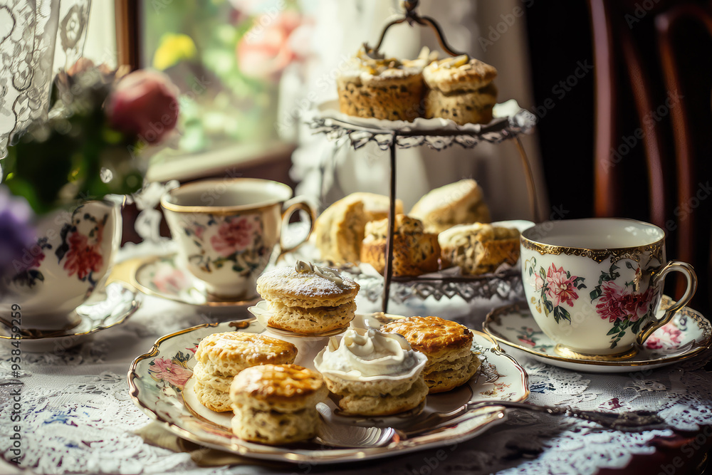 A delightful spread of scones, cream, and teacups, a classic afternoon tea experience. A delightful spread of scones, cream, and teacups, a classic afternoon tea experience.
