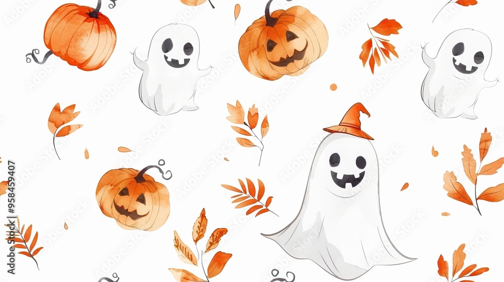 Naklejka premium Friendly ghosts and Halloween-themed decorations in a playful pattern. AI generated image doodle Background