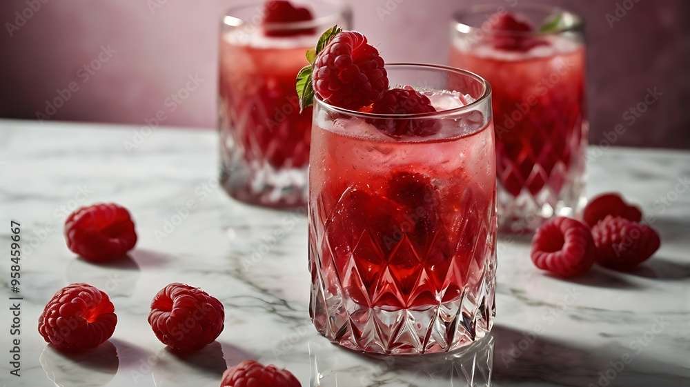 Refreshing drink Raspberry Rosemary Bliss with ice Refreshing drink Raspberry Rosemary Bliss with ice
