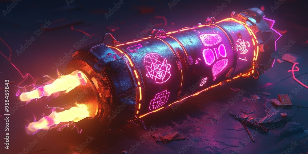 Neon-lit futuristic device with glowing exhaust. Neon-lit futuristic device with glowing exhaust.