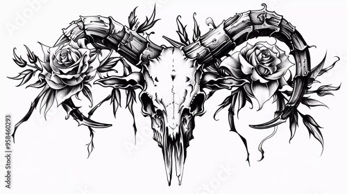 a skull head of goat with long horn in black and white illustration