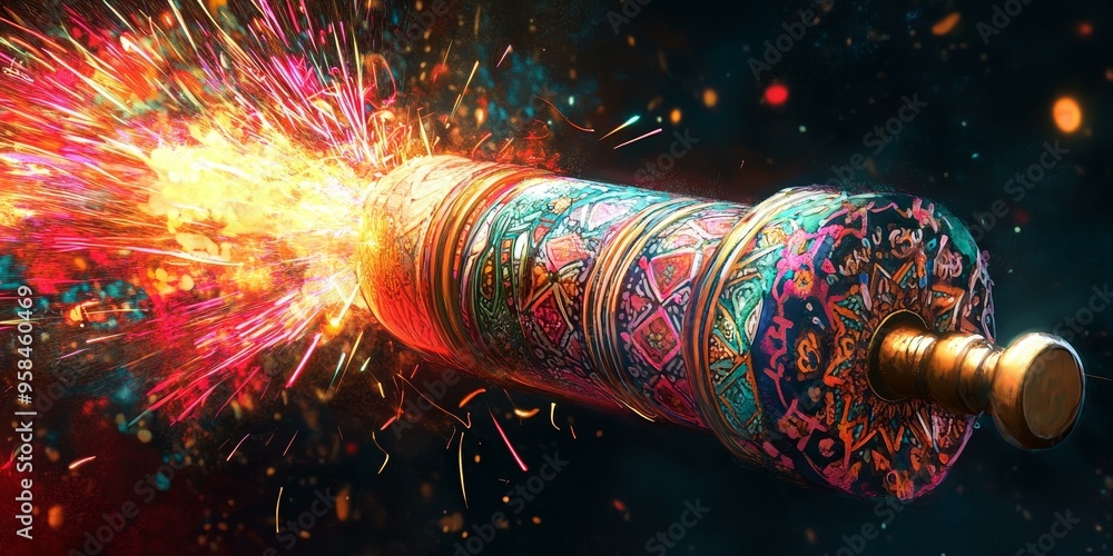 Colorful patterned cannon firing a burst of light. Colorful patterned cannon firing a burst of light.