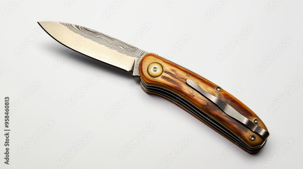 Fototapeta premium Beautifully Crafted Folding Knife with Wooden Handle and Steel Blade