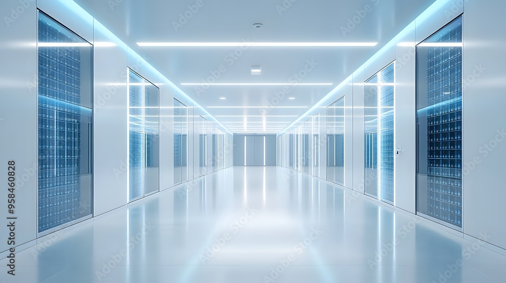 Data center server room, rows of server racks, soft blue LED lights, long corridor perspective, high-tech infrastructure, network storage, cloud computing concept. Data center server room, rows of server racks, soft blue LED lights, long corridor perspective, high-tech infrastructure, network storage, cloud computing concept.