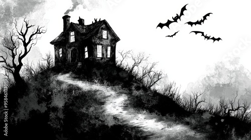 A creepy Halloween illustration of an old, decrepit house standing alone at the end of a long, winding path. The house is haunted, with shattered windows, a sagging roof, and an overgrown garden that