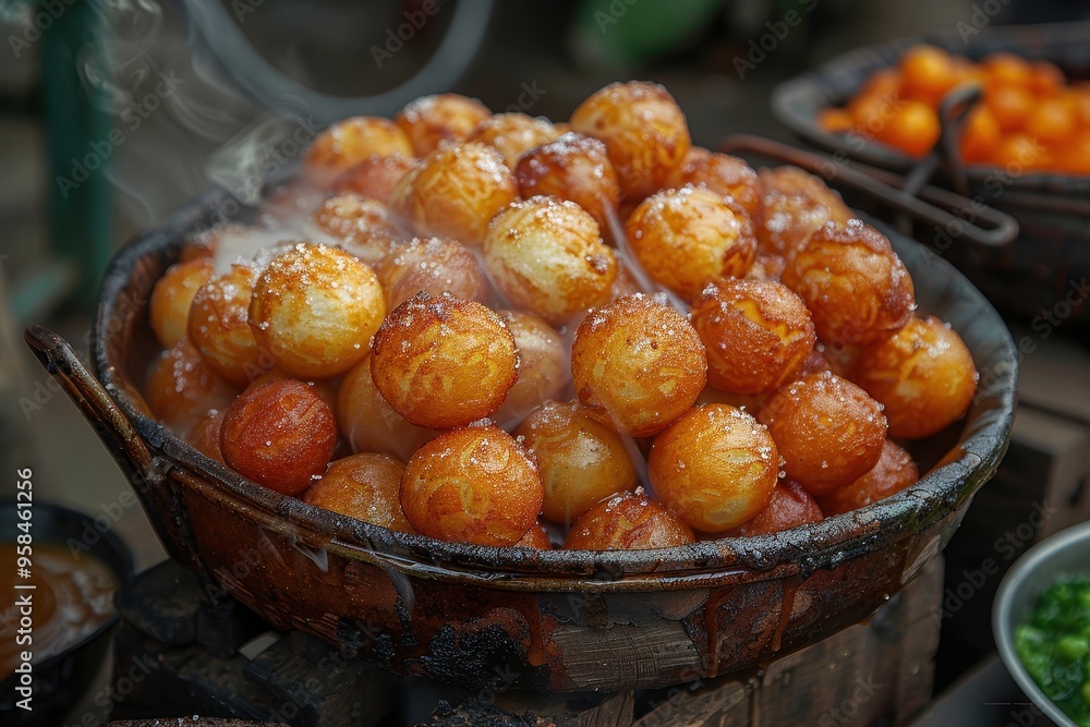 Nigeria: Puff-Puff Deep-fried dough balls, golden brown, and lightly dusted with sugar. Nigeria: Puff-Puff Deep-fried dough balls, golden brown, and lightly dusted with sugar.