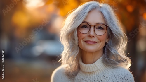 Elegant senior woman portrait, white sweater, stylish glasses, silver wavy hair, warm smile, soft lighting, bokeh background, confident mature beauty, age positivity.