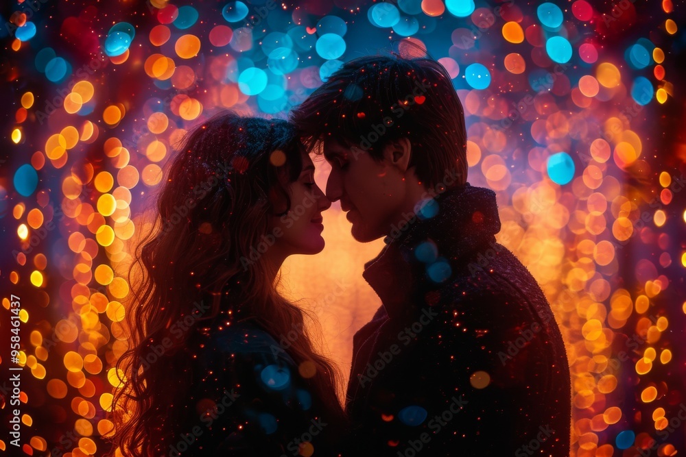 Silhouette of loving couple sharing an intimate moment surrounded by vibrant bokeh lights creating dreamy romantic atmosphere symbolizing timeless nature of their love Silhouette of loving couple sharing an intimate moment surrounded by vibrant bokeh lights creating dreamy romantic atmosphere symbolizing timeless nature of their love
