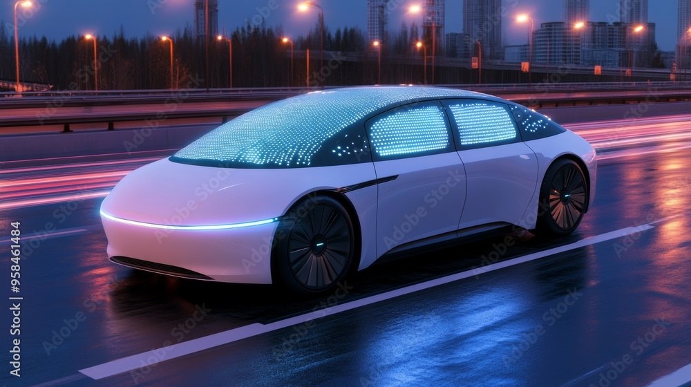 Naklejka premium 3D Visualization of Autonomous Self-Driving Car Moving Through City Highway. Sensor scanning the road ahead for vehicles, dangers, and speed limits. Day Urban Driveway. Front Following View.