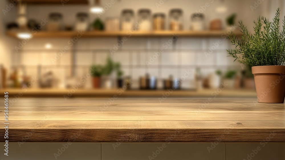 A serene kitchen countertop featuring wooden surface and potted herb, perfect for culinary inspiration and interior design. A serene kitchen countertop featuring wooden surface and potted herb, perfect for culinary inspiration and interior design.