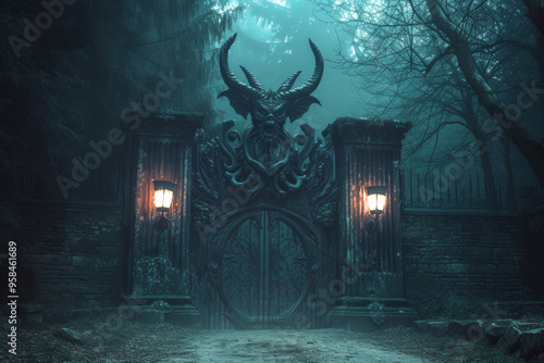 Gates of hell, eerie gothic gates adorned with demonic sculptures in misty dark place, illuminated by dim lanterns, evoking feelings of fear and supernatural photo