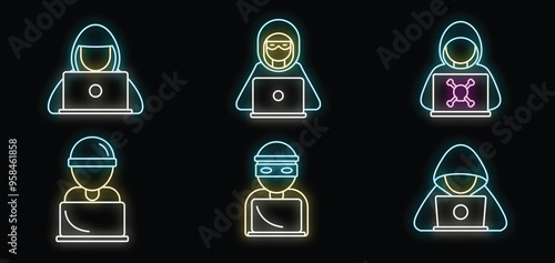 Neon icons of hackers coding on their laptop computers, wearing balaclavas and hoodies