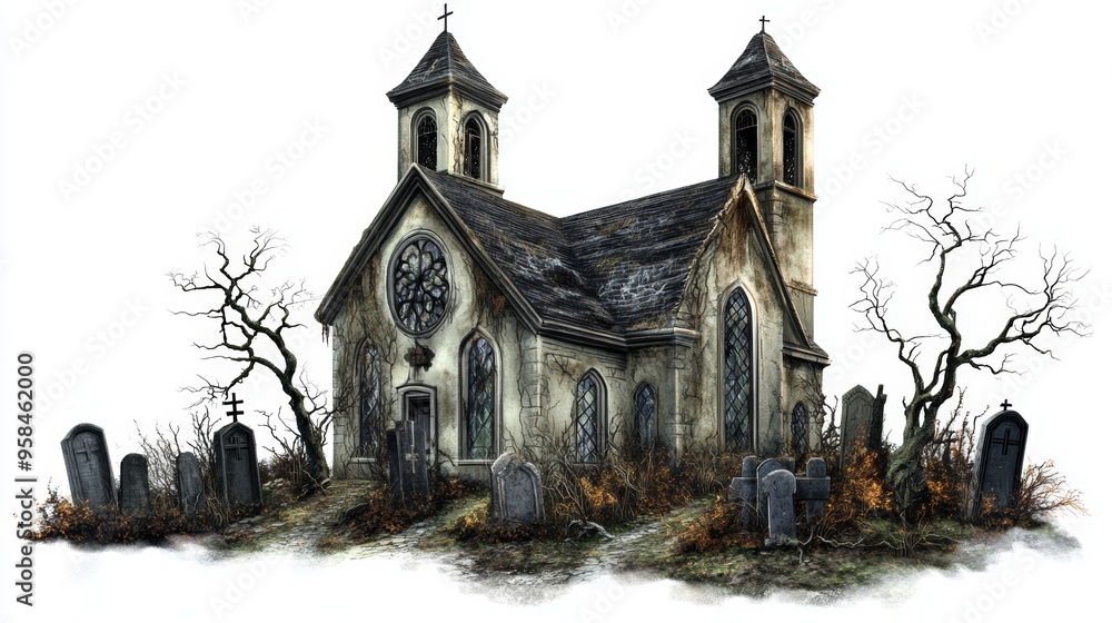 A spooky Halloween illustration of an old, abandoned church, clearly haunted, with broken stained glass windows and a crumbling bell tower. The church is surrounded by a graveyard filled with A spooky Halloween illustration of an old, abandoned church, clearly haunted, with broken stained glass windows and a crumbling bell tower. The church is surrounded by a graveyard filled with