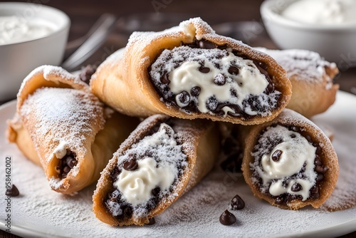 Italian cannoli with crispy shells filled with sweet ricotta cheese chocolate chips, Ai Generated photo