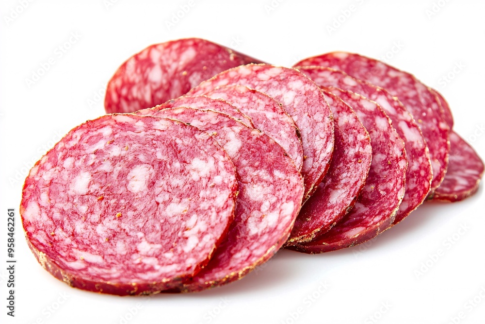 Sliced Genoa Salami on a White Background Sliced Genoa Salami on a White Background