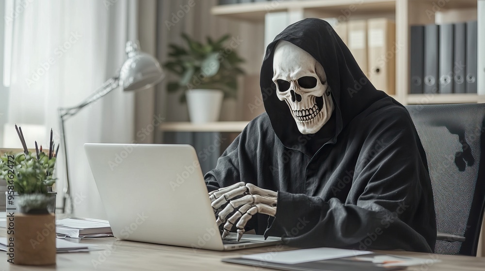 A skeleton in a hooded robe sits at a desk, typing on a laptop, blending humor and horror in a cozy office setting. A skeleton in a hooded robe sits at a desk, typing on a laptop, blending humor and horror in a cozy office setting.