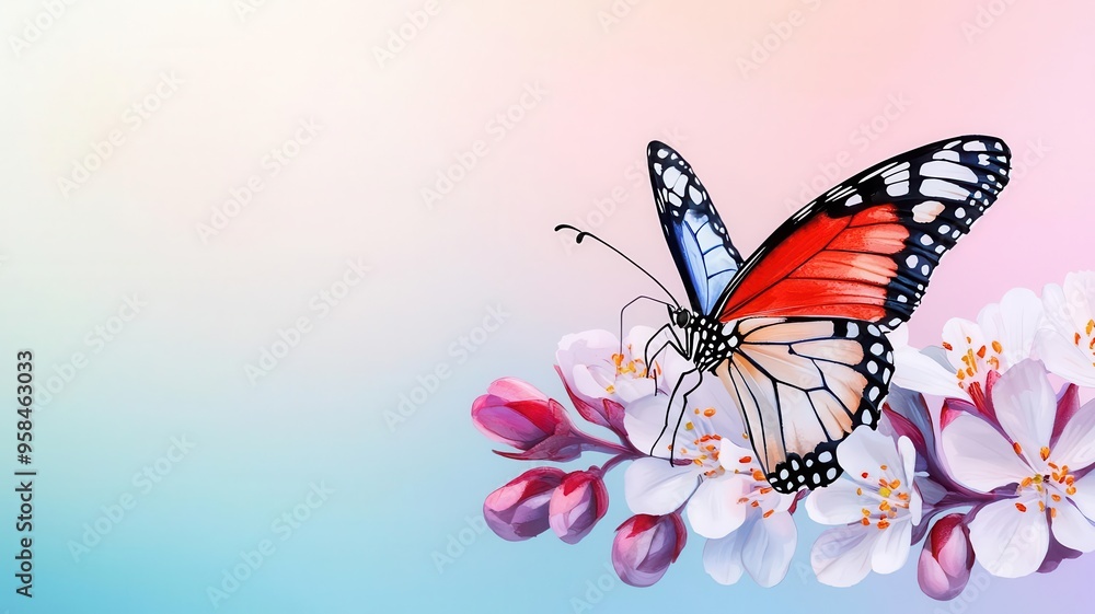 Obraz premium Balanced butterfly on a delicate flower, serene moment, watercolor style